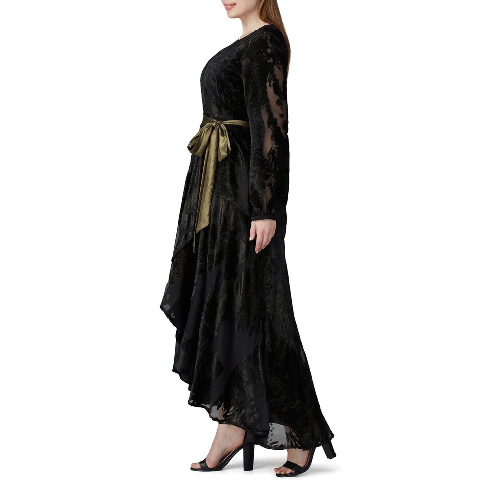 Hutch Black Burnout Velvet Wrap Maxi Dress Metallic Sash Hi-Low Hem Size M - Picture 5 of 12